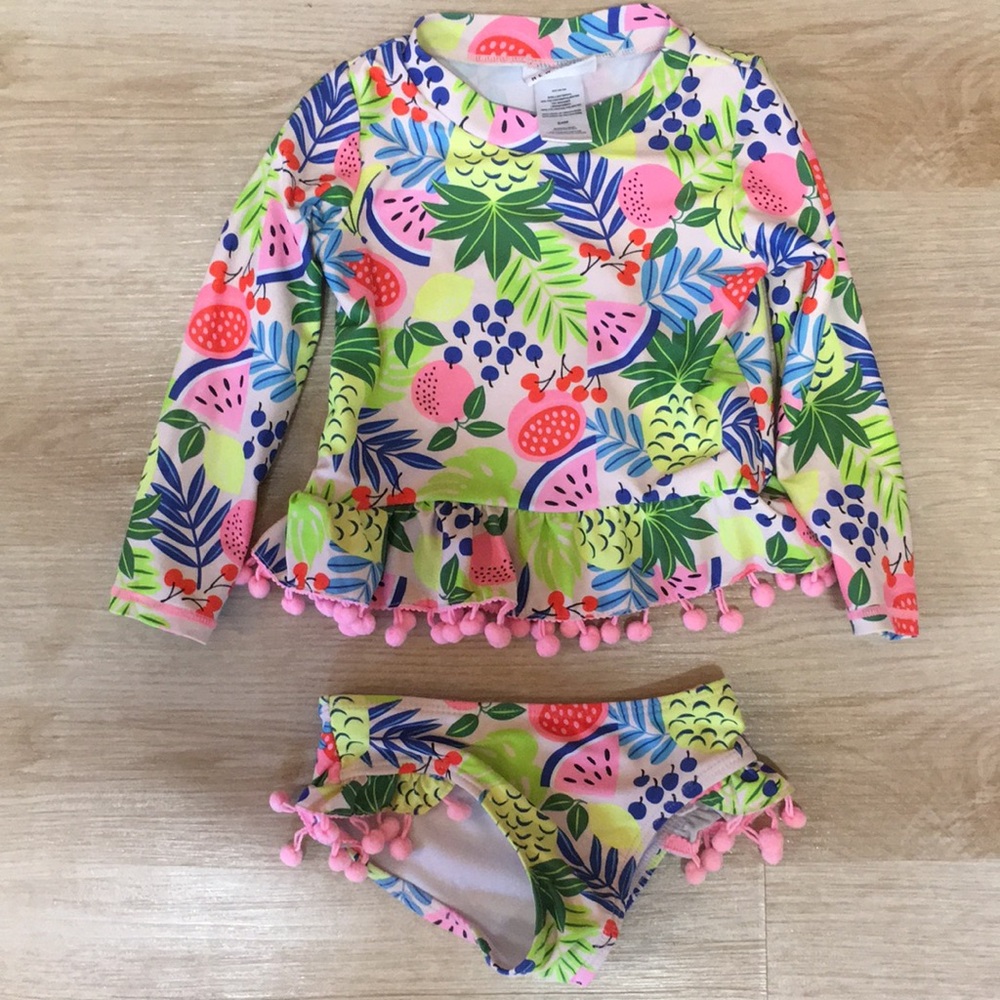 Nicole Miller New York Tropical Colorful Girl’s Swim Set Pom-Pom Trim Rash Guard